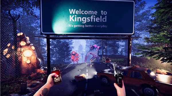 A screenshot from Flatfish Games' asymmetrical indie horror game, Monster Master. This is the first-person shooter view of the Kingsfield borderline.