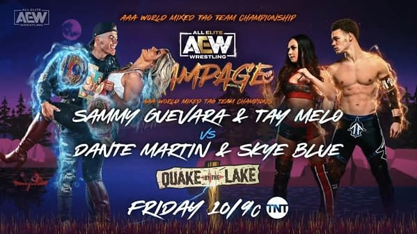 Match graphic for Sammy Guevara and Tay Melo vs. Dante Martin and Skye Blue AAA World Mixed Tag Team Championship Match at AEW Rampage: Quake by the Lake