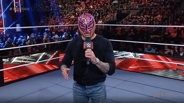 Rey Mysterio appears on WWE Raw to refuse a challenge from his son Dominik Mysterio for WrestleMania