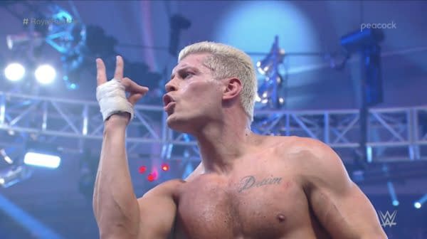 Cody Rhodes celebrates his big win at the WWE Royal Rumble
