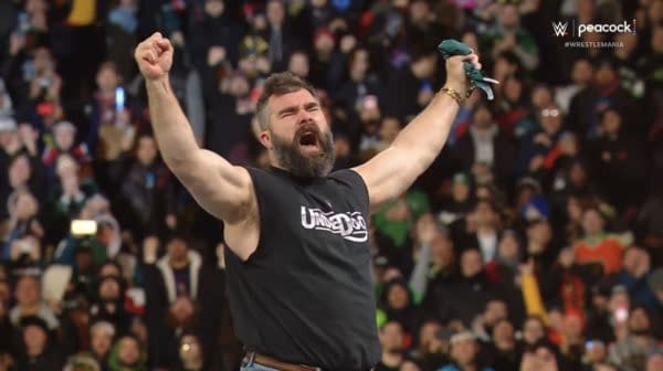 Taylor Swift's boyfriend's brother Jason Kelce cheers after helping Rey Mysterio and Andrade win at WrestleMania XL