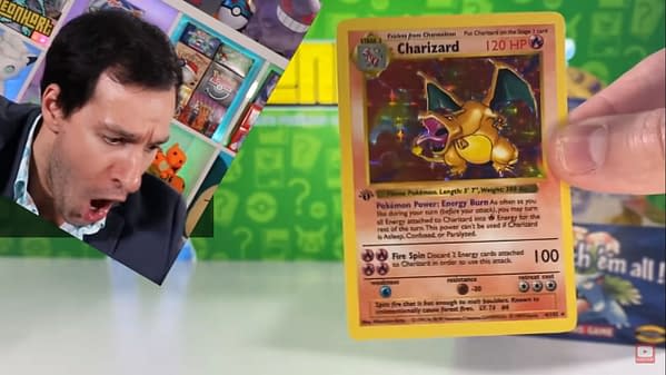 Leonheart's initial reaction to finding a First Edition Charizard in his Base Set Pokémon pack.