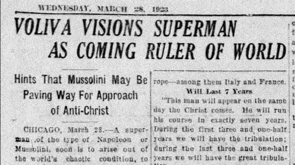 Superman as Coming Ruler of World clipping, The Akron Beacon Journal, 28 Mar 1923, via newspapers.com.