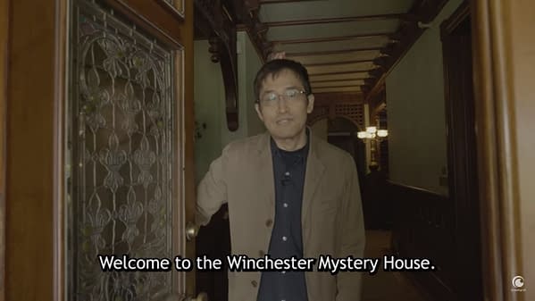A still from the Crunchyroll interview with Uzumaki writer Junji Ito, wherein Ito welcomes his audience to the Winchester Mystery House.