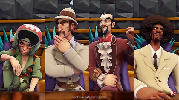 A shot of the henchmen and henchwomen in the throes of the player's hiring process in Evil Genius 2: World Domination, by game developer and publisher Rebellion.