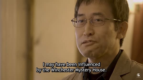 Another still from the Crunchyroll interview, wherein Junji Ito explains his inspiration for the spiral-stretching nagaya in his manga Uzumaki.