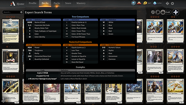 The new and improved interface for Magic: The Gathering Arena's deck builder tool.