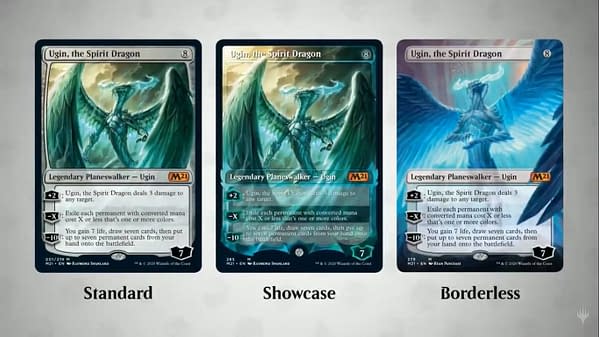 Three versions of Core 2021's Ugin, the Spirit Dragon, a card reprinted from Fate Reforged for Magic: The Gathering.