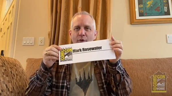 A still from the San Diego Comic-Con panel featuring Magic: The Gathering's Head Designer, Mark Rosewater.