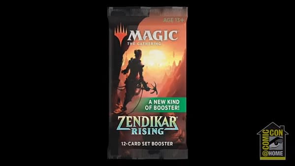Another still from the San Diego Comic-Con panel, showcasing a Set Pack wrapper from Zendikar Rising, the new expansion set for Magic: The Gathering.