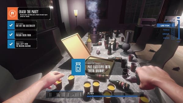 Another screenshot from Party Crasher Simulator, wherein the player character laces partygoers' drinks with laxatives.