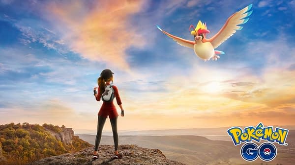 A Pokémon trainer and her Mega Pidgeot in this ad for the Mega Buddy Challenge. Credit: Niantic