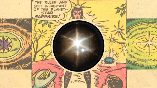 Background: Panels from All-Flash #32, DC Comics 1947/48, first appearance of Star Sapphire. Inset: A star sapphire gemstone, photo by Radiumgirls / Shutterstock.com.