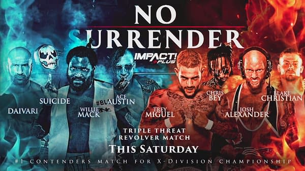 Match graphic for The Triple Threat Revolver Match at Impact Wrestling No Surrender
