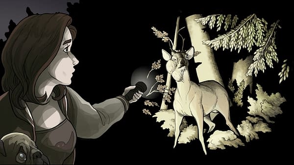 An eerie screenshot from Black Tabby Games' visual novel Scarlet Hollow, Episode 2, in which we find a deer with a strange growth on its neck.
