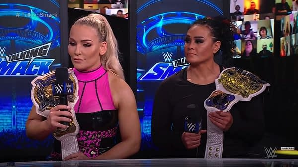 Natalya and Tamina celebrate their WWE Smackdown title win on Talking Smack