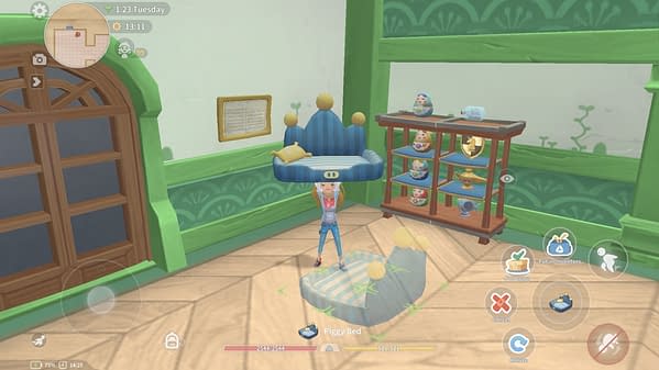 A screenshot from indie adventure/simulator game My Time At Portia, wherein a player character is seen customizing their living space.