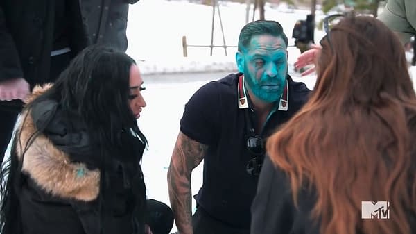 Medics tend to Chris after Angelina fired a gender reveal cannon into his face on Jersey Shore: Family Vacation