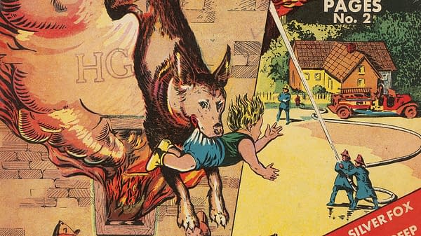 An illustration from Blue Ribbon Comics #2 featuring a heroic dog rescuing a child from a burning building. Firefighters and a vintage fire truck are visible in the background, showcasing a scene of rescue and adventure.
