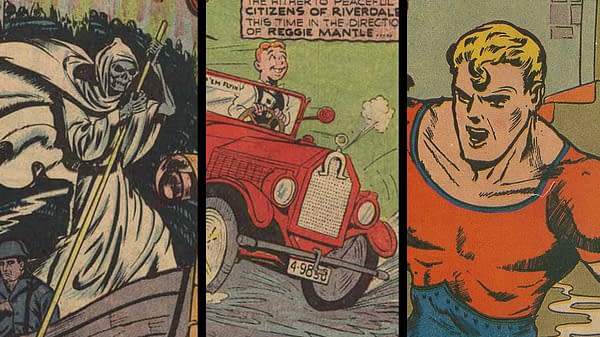 Jackpot Comics #6 (MLJ, 1942). Early Archie Andrews appearance. A collage of illustrations from 'Jackpot Comics #6', featuring a ghostly figure in a hooded cloak, a cartoon character driving a vintage car with a smile, and a muscular superhero expressing anger. The vibrant comic art showcases various themes from the issue.