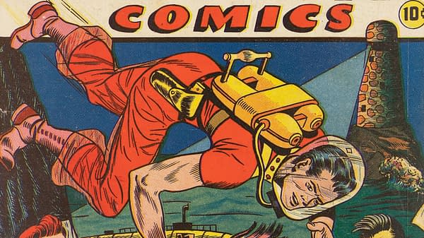 An illustration from a comic book featuring a diver in a red suit and helmet, exploring underwater with a vintage-style backpack. In the background, there is a rocky landscape with a lighthouse and a hint of a diver's companion.