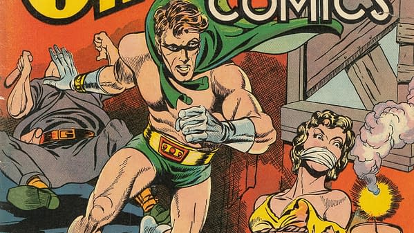 Champion Comics #10 (Harvey, 1940). A vintage comic book cover from 'Champion Comics', featuring a muscular hero in a green cape, running to rescue a distressed woman tied up and gagged. In the background, an assailant is seen. The colors are vibrant, emphasizing the tense situation.