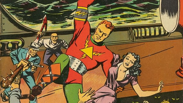 A colorful comic book cover featuring a superhero in a red and green costume with lightning motifs, confronting villains in a dramatic scene. The superhero is saving a woman while others are armed in the background.