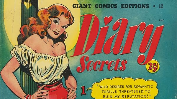 A comic book cover for 'Giant Comics Editions #12' featuring a glamorous, red-haired woman in a white off-the-shoulder top, posing confidently. The title 'Diary Secrets' is prominently displayed in bold red text, alongside a tagline about romantic thrills.