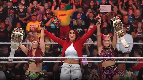 Damage Control celebrate on WWE Raw after Dakota Kai and Iyo Sky won the WWE Women's Tag Team Championships