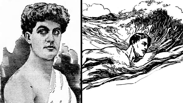 Left: illustration of John W. Glenister from 1904 advertisement for "Pe-ru-na" spring tonic water. Right: Illustration for "How Glenister Swam the Whirlpool Rapids", St. Louis Republic, 1904.