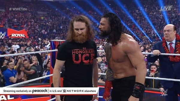 Roman Reigns berates Sami Zayn just before Zayn turns on him at the 2023 WWE Royal Rumble