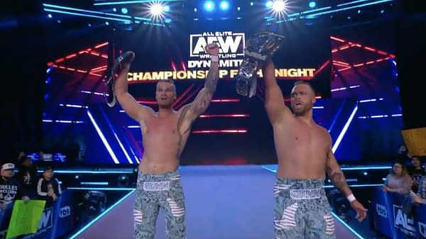 The Gunns celebrate winning the AEW Tag Team Championships on AEW Dynamite
