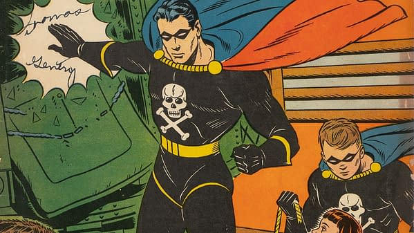 Exciting Comics #9 (Nedor Publications, 1941) featuring the first appearance and origin of the Black Terror. A vintage comic book illustration featuring a superhero in a black outfit with a skull logo and a flowing cape, surrounded by a young sidekick and other characters. The background includes stylized elements enhancing the action scene.