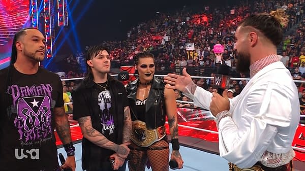 Damian Priest, Dominik Mysterio, Rhea Ripley, and Seth Rollins appear on WWE Raw