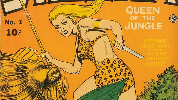 Sheena, Queen of the Jungle #1 (Fiction House, 1942). A vintage comic book cover featuring Sheena, Queen of the Jungle, poised with a knife, wearing a leopard-print outfit, ready to confront a lion. The background is vibrant orange, showcasing dynamic artwork from the comic's first issue.