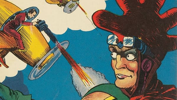 Future Comics #2 (David McKay Publications, 1940). An illustration depicting a colorful comic book scene featuring a fierce-looking character with exaggerated facial features and a colorful outfit. In the background, a smaller figure operates a futuristic vehicle that shoots lasers.
