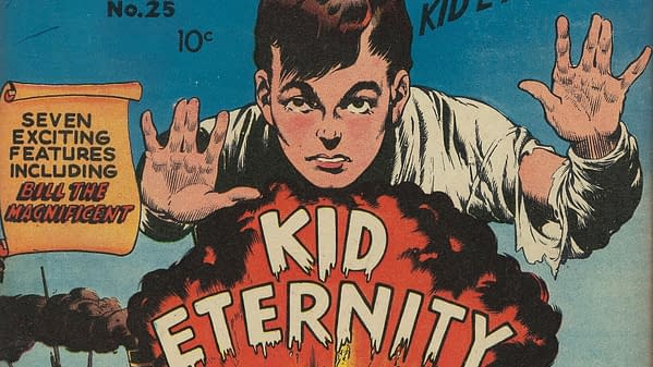 A vintage comic book cover featuring the character Kid Eternity. The character, a young boy with a serious expression, stands in front of an explosion, looking determined as he raises his hand in a gesture. The title 'KID ETERNITY' is boldly displayed in large letters, with additional text highlighting features in the comic.