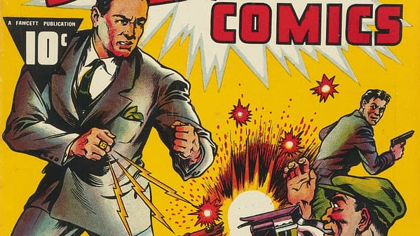 A colorful comic book cover showcasing an intense scene with a man in a suit striking a powerful pose, wielding a ring that emits lightning bolts. Two other characters are caught in action, one aiming a gun and another looking surprised amidst explosive background elements.