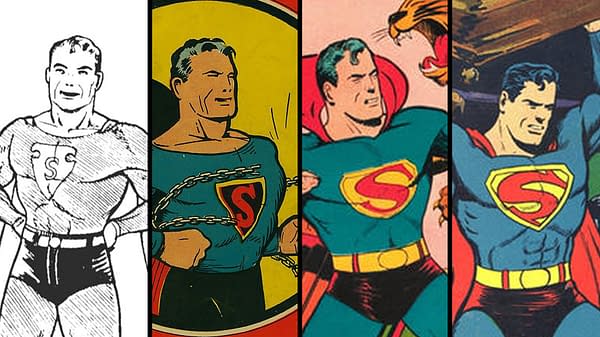 Left to right: 1934-1935 promotional image, Superman #1 back cover (1939), Action Comics #27 (1940), Action Comics #50 (1942).