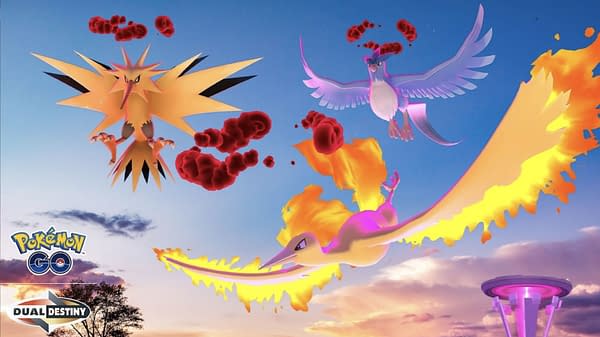 Dynamax Articuno, Dynamax Zapdos, & Dynamax Moltres in Pokémon GO. Credit: Niantic