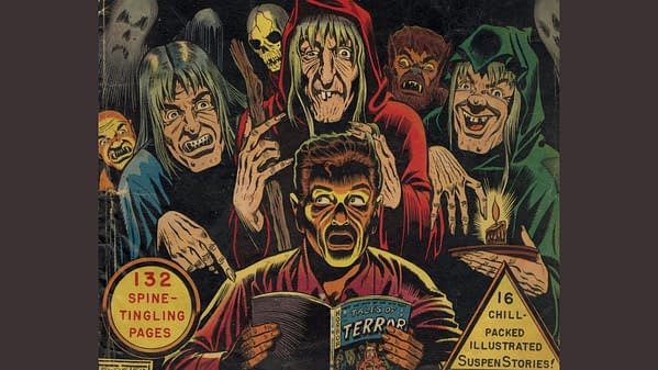 An illustration from 'Tales of Terror Annual #1' featuring a terrified man reading a comic book. Surrounding him are several eerie, grotesque figures, including a skeleton and various ghouls, enhancing the horror theme.