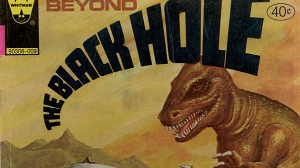 A vintage comic book cover featuring a large dinosaur alongside the title 'The Black Hole' in bold letters. The background has a gradient of warm colors, evoking a sci-fi theme.