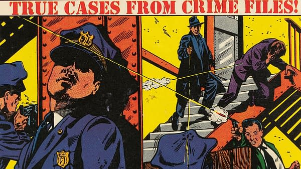 All-Famous Police Cases #8 (Star Publications, 1952):A vibrant illustration depicting a dramatic police scene, featuring officers and characters engaged in a tense confrontation, with a bold yellow background and the phrase 'TRUE CASES FROM CRIME FILES!' prominently displayed.