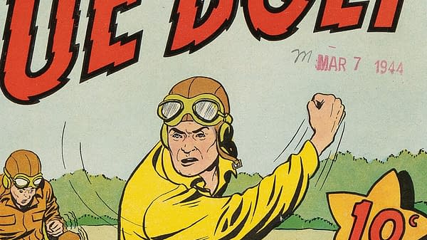 Blue Bolt V4#10 (Novelty Press, 1944):A vintage comic book cover featuring a character named Blue Bolt in yellow flight gear, throwing a punch. The background includes a green landscape, with another figure in the distance.