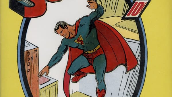 Superman #1: A colorful illustration of Superman, depicted in a classic comic style, with his signature red cape and blue suit. He is shown leaning towards buildings, suggesting an action pose.