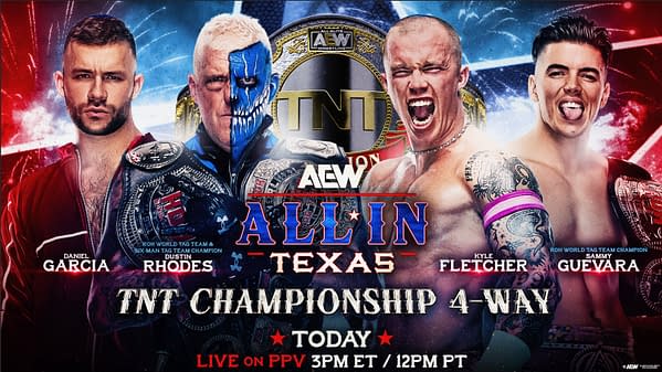 A promotional graphic for the AEW All-In event featuring four wrestlers: Daniel Garcia, Dustin Rhodes, Kyle Fletcher, and Sammy Guevara. The background includes colorful fireworks and the TNT Championship logo prominently displayed, emphasizing the 4-way match format.