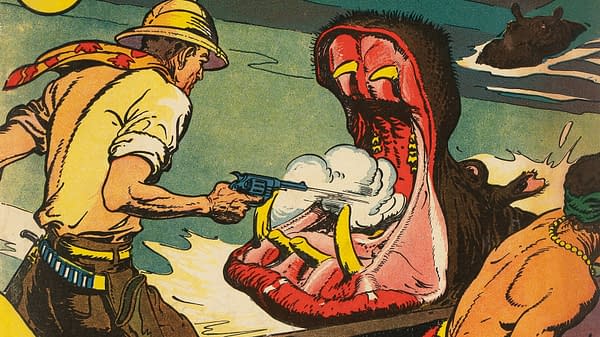 An illustration from 'Adventure Comics #37' featuring a man in safari attire aiming a pistol at the open mouth of a large, aggressive animal, possibly a hippopotamus, while another figure looks on in the foreground. The scene depicts a moment of tension and adventure.