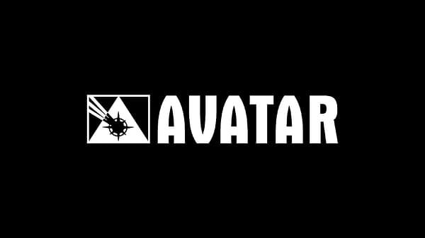 A logo representing Avatar Press, featuring a stylized triangle and a dark circular emblem with rays extending from it, alongside the word 'AVATAR' in bold white letters.
