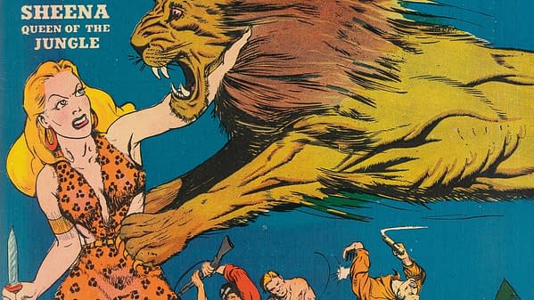 An illustration from Jumbo Comics 15 featuring Sheena, Queen of the Jungle, as she fiercely confronts a lion while wielding a dagger. The scene depicts a vibrant clash in the jungle with multiple figures in the background.