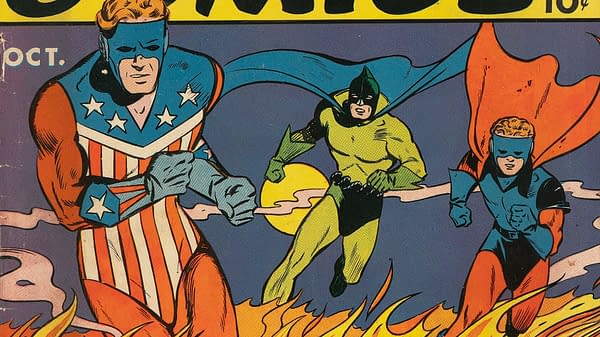 An illustration from Pep Comics #20 featuring three superheroes: one wearing a stars-and-stripes costume, another in a bright green outfit, and the last in a blue and red suit, all running through a fiery landscape against a dramatic sky.